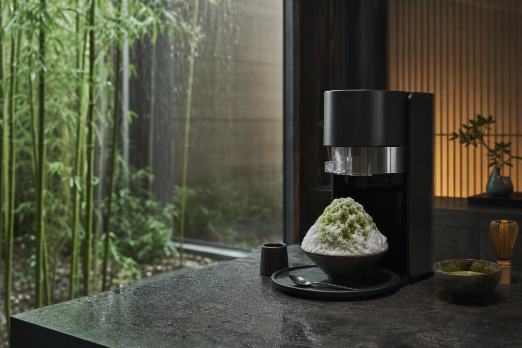 雨の竹林を望むキッチンの電動かき氷器