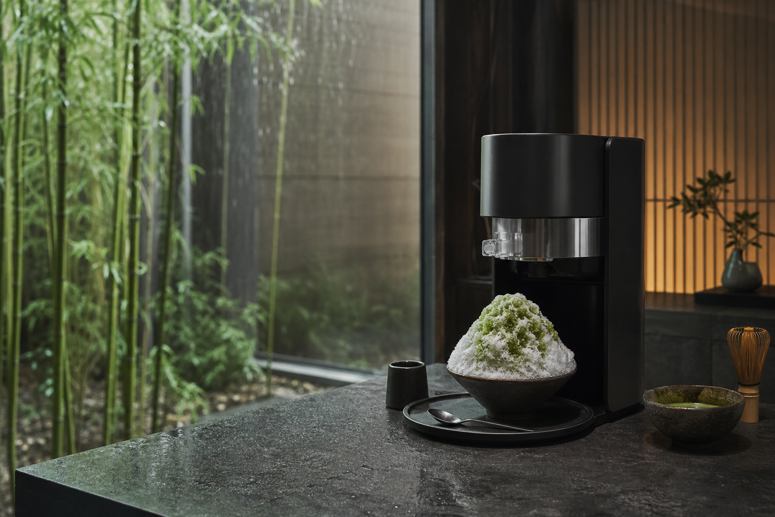 雨の竹林を望むキッチンの電動かき氷器