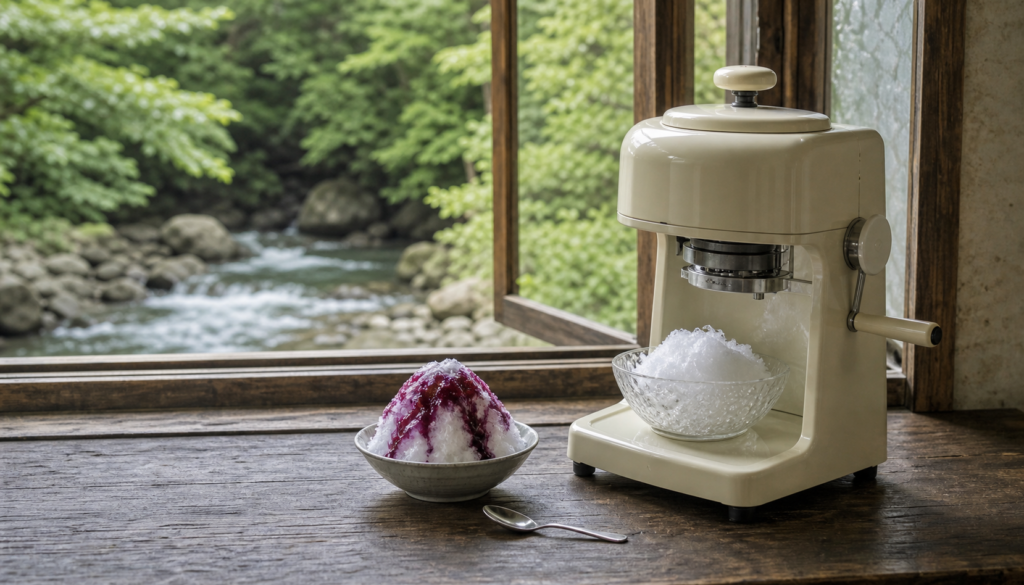 渓流を望む窓辺のコンパクトかき氷器