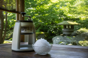 緑の日本庭園を望む縁側のかき氷器