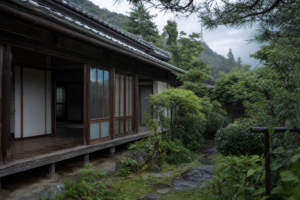 雨上がりの庭に建つ空き家バンクの古民家