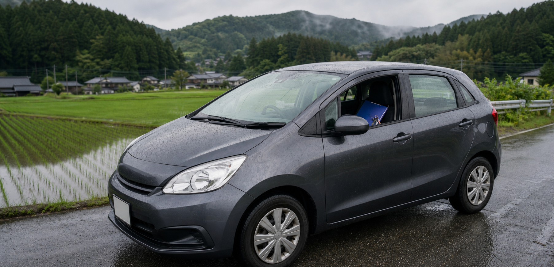 雨の田園道路に停めた地方暮らし向けの中古車
