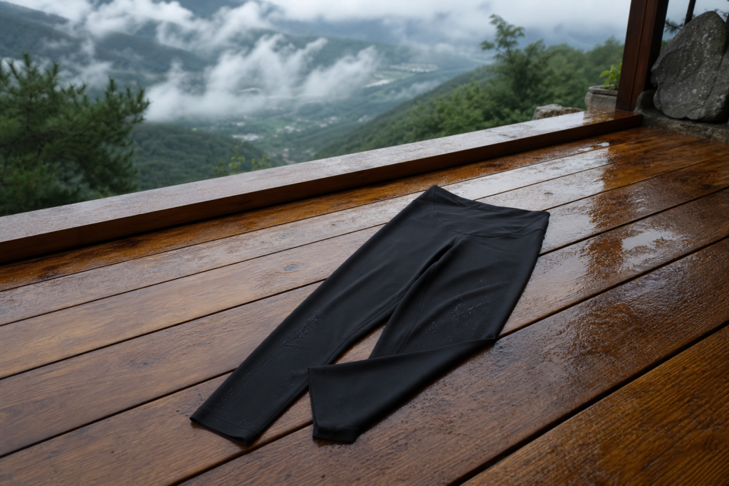 雨上がりの山のデッキに置いた黒い水陸両用レギンス