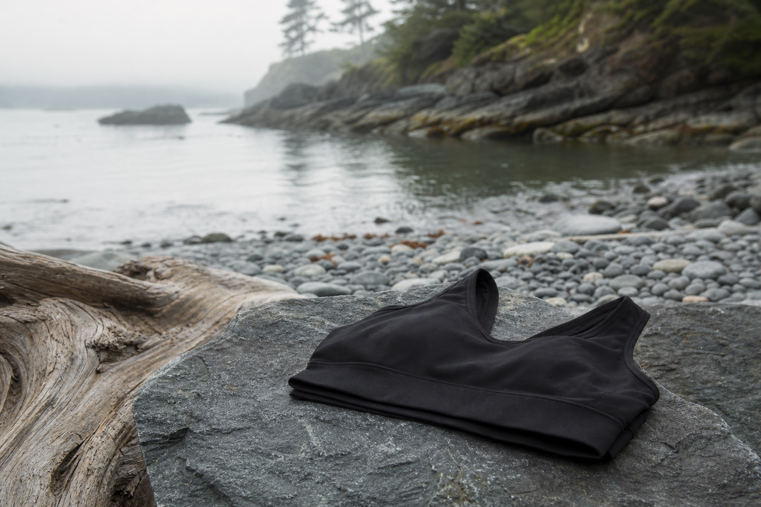 静かな海辺の岩に置いた黒い水陸両用ブラトップ